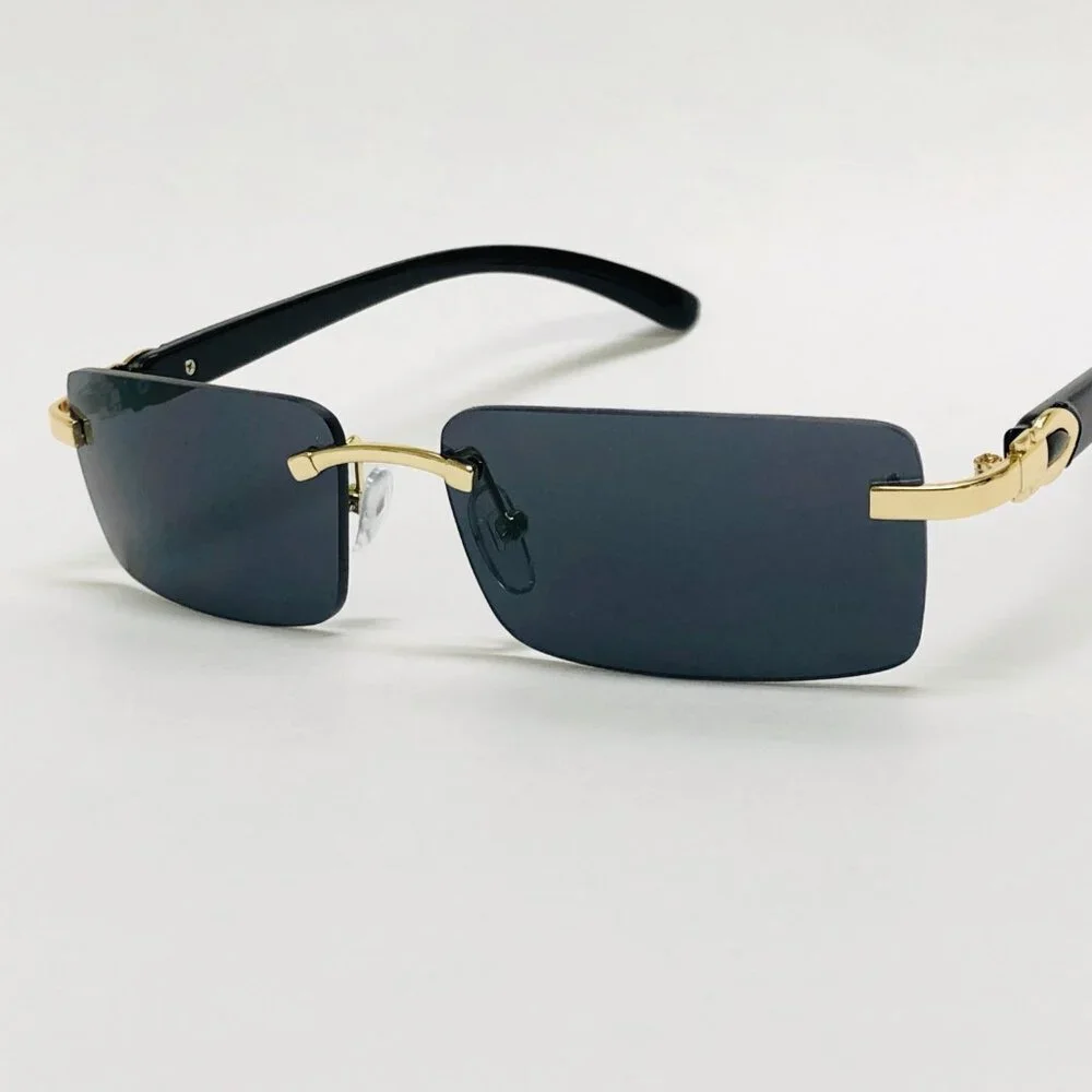 Men Sunglasses Hip Hop Shades Metal Gold Rimless Black‎ Lens Outdoor Street Wear